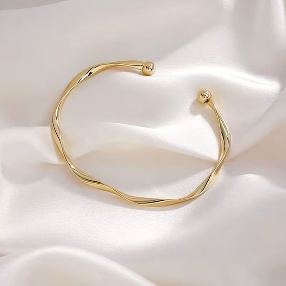 Gold Twist Cuff Open Bangle Bracelet Layer Thin Lightweight Classic Elegant
